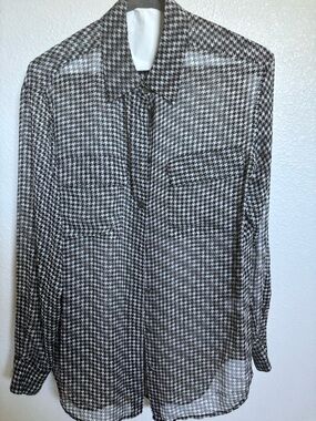 Equipment Black and White Houndstooth Sheer Blouse